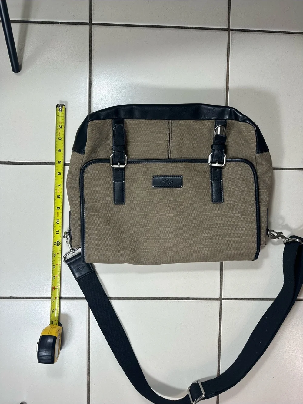 Fossil Tan Canvas Messenger Bag with Black Trim